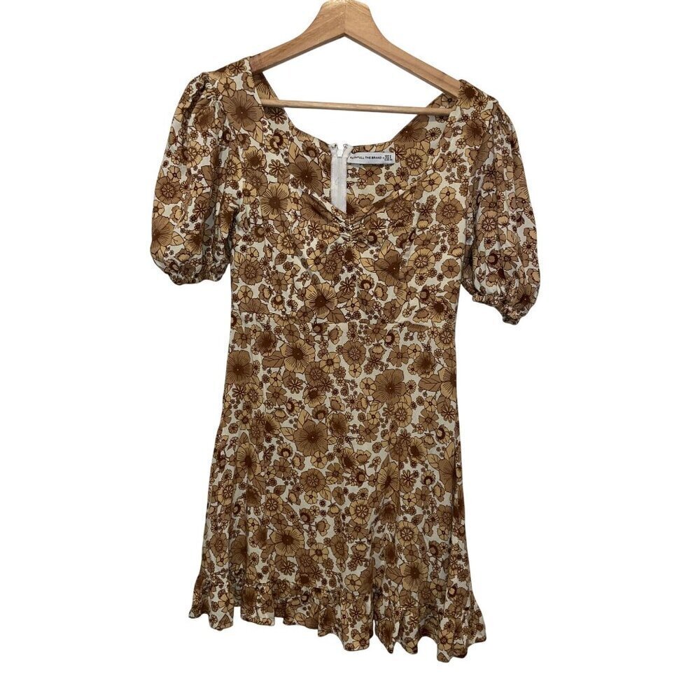 Faithfull The Brand Beige Balloon Sleeves Back Zipper Floral Mini Dress Women's